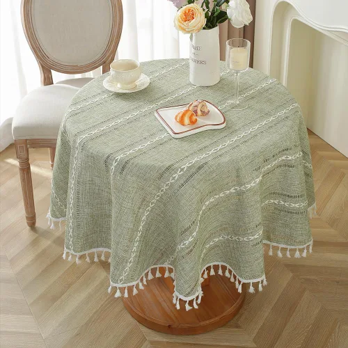 Vista 15 de meioro Mantel rústico, mantel rectangular de algodón texturizado de lino con borla, mantel de tela resistente para granja con bordado de rayas