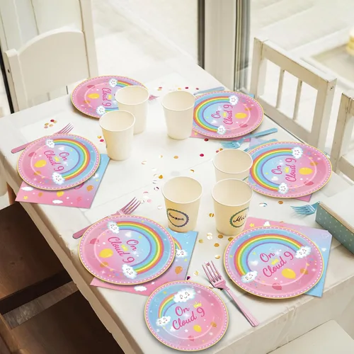 Vista 7 de 96 piezas de decoraciones de cumpleaños de On Cloud 9 para niñas, suministros de platos y servilletas de fiesta On Cloud 9, juego de vajilla