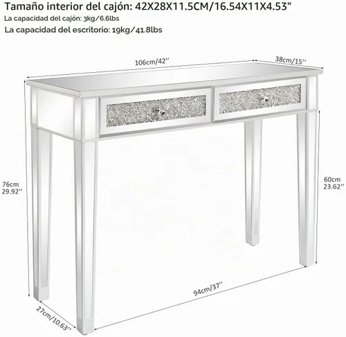 Vista 2 de Karl home Mesa de escritorio con espejo y 2 cajones, mesa consola plateada, mesa de sofá con espejo con incrustación de cristal en la parte