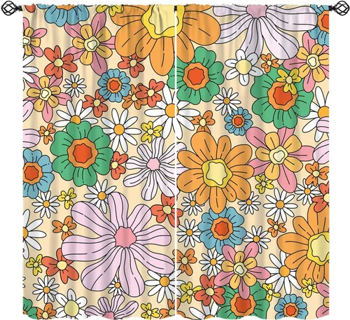 Vista 12 de Cortina de Ventana de Mediados de Siglo con Explosiones de Estrellas, Cortinas con Estampado de Inspiración Atómica para Sala de Estar Dormitorio