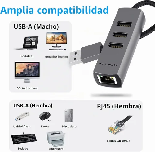 Vista 5 de WALNEW Adaptador USB A a Ethernet, USB 3.0 a RJ45 Gigabit para computadora