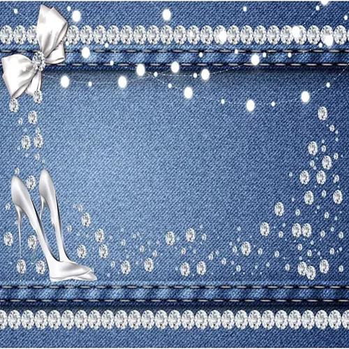Vista 6 de AOFOTO Telón de fondo azul de mezclilla y diamantes de 5 x 3 pies con purpurina y tacones de cristal con lazo, fondo de fotografía para mujeres