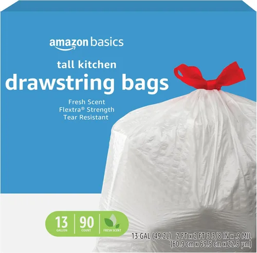 Vista 7 de Amazon Basics Flextra Strength - Bolsas de basura altas con cordón para cocina, aroma fresco, resistentes a desgarros, 13 galones, 120