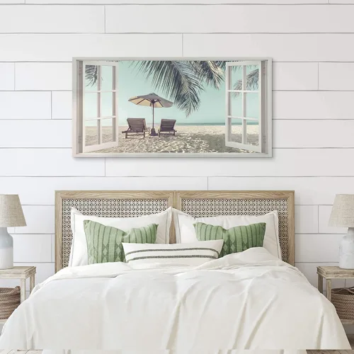 Vista 4 de Lienzo de playa para pared, dormitorio: gran sala de estar, vista de ventana, paisaje costero tropical, impresión de imagen, relajante, hogar