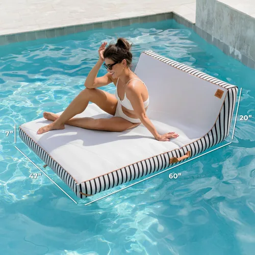 Vista 2 de Big Joe Lux Chaise - Flotador inflable prémium para piscina, rayas azul marino y marfil, malla de primera calidad, mezcla de poliéster duradera