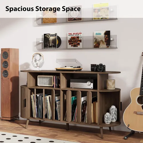 Vista 8 de Soporte para tocadiscos con almacenamiento de vinilo, mesa de tocadiscos con estación de carga, consola multimedia y estante de discos para más