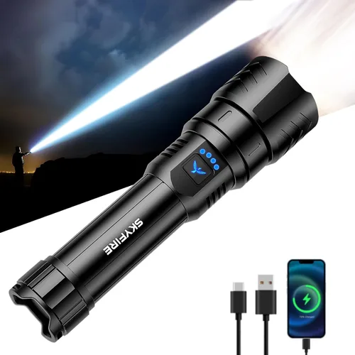 Vista 13 de SKYFIRE Linternas recargables de alto lúmenes con lente de encendido, 5000 linternas tácticas súper brillantes, zoomable, 6 modos, luz de flash