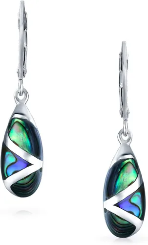 Vista 2 de Boho Rainbow Iridescent Abalone Shell Inlay Oval Shaped Long Teardrop Dangle Earrings For Women .925 Sterling Silver Lever Back