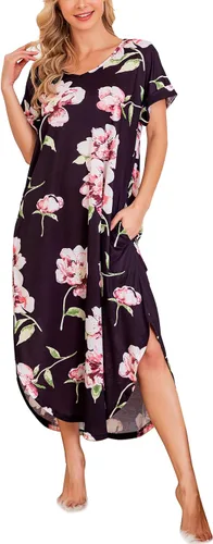Vista 28 de AVIIER - Camisones de algodón para mujer, ropa de dormir suave con bolsillos, tallas S a XXL Negro Floewer 4