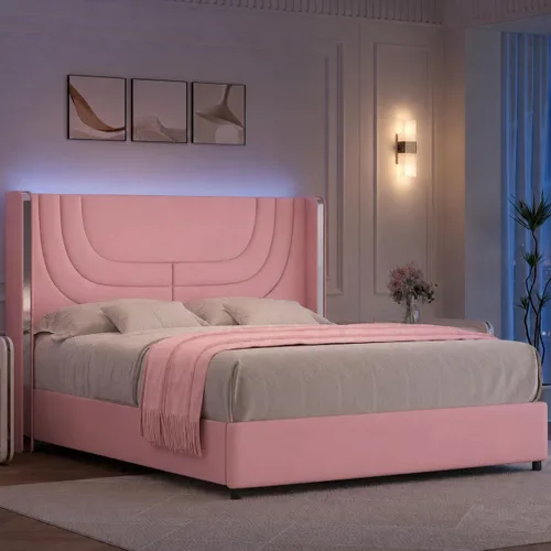 Vista 11 de REVOMINCA Base de cama individual con luces LED, plataforma tapizada de piel sintética con cabecera de ala plateada, estilo moderno, no necesita