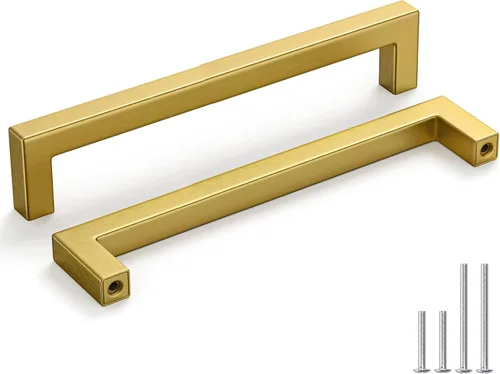 Vista 10 de Homdiy Paquete de 30 tiradores de bronce cepillado dorado de 3- 1/2 pulgada, cuadrados, herrajes para gabinete de cocina, armarios; 3- 1/2 pulgadas