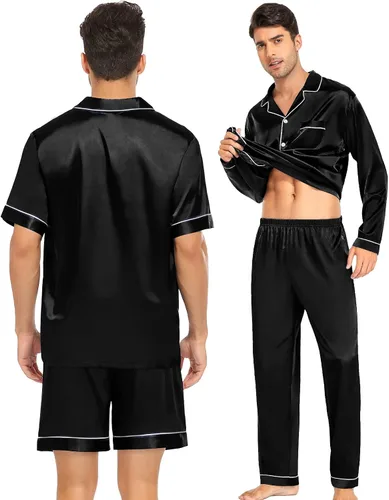 Vista 4 de SWOMOG Conjunto de pijama de seda satinada para hombre, 3 piezas, ropa de dormir de manga corta, con botones, ropa de dormir clásica