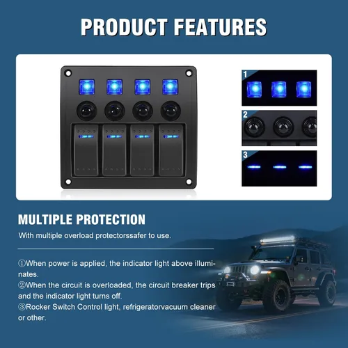 Vista 5 de Panel de Interruptores Marinos de 4 Posiciones Impermeable, Panel de Interruptores Basculantes de Barco Impermeable 12V/24 voltios Interruptor