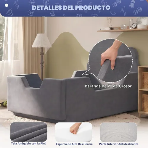 Vista 6 de Fvkind Toddler Floor Bed, No Assembly Foam Bed with Guardrails, Grey