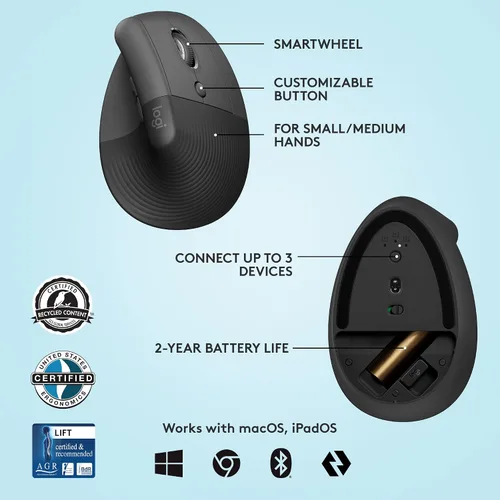 Vista 6 de Logitech MX Keys - Mini teclado y mouse ergonómico vertical - Inalámbrico, teclas retroiluminadas, Bluetooth o Logi Bolt receptor USB, silencioso