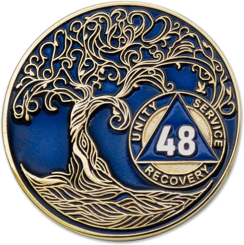 Vista 149 de 1 año Sobriety Mint Twisted Tree of Life Medallón de recuperación AA chapado en oro, chip/ficha - negro