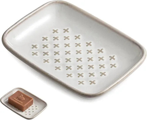 Vista 14 de Gomakren Jabonera para ducha, soporte de cerámica para jabón con diseño de panal, bandeja ahorradora de jabón para fregadero de cocina y baño, Beige