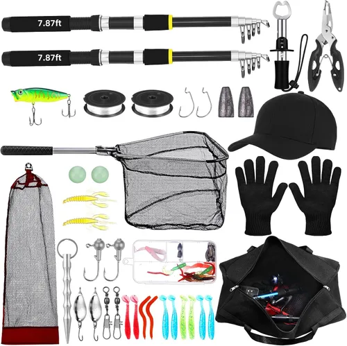 Vista 8 de Combo de caña de pescar telescópica y carrete de 2 piezas, kit de caña de pescar plegable con alicates para labios, señuelos, bolsa de transporte