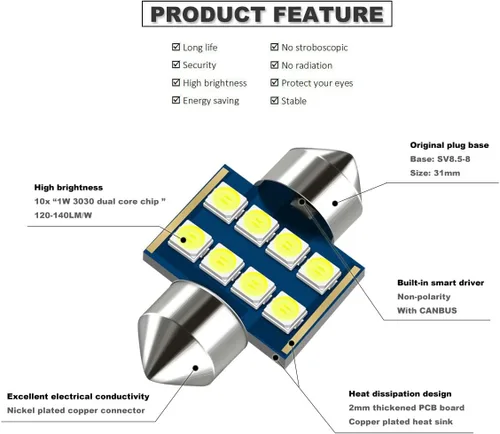 Vista 3 de 31MM Festoon DE3175 3175 6428 6000K Bombillas LED extra brillantes blancas para luces interiores de coche, placa, mapa, domo, maletero, puerta, luz