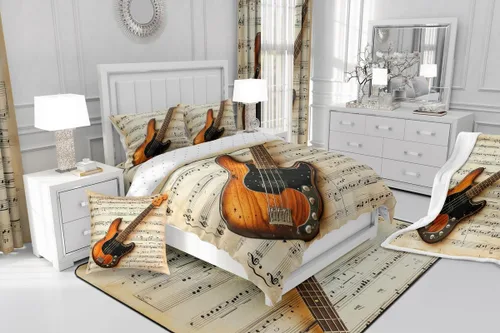Vista 4 de Castle Fairy Juego de funda de edredón con estampado de guitarra, tamaño individual, juego de ropa de cama reversible con temática musical