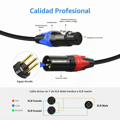 Vista 4 de Smithok Cable de micrófono divisor XLR Y de 1 macho a 2 hembras, 3 pines XLR 2 hembra a 1 macho, cable combinador Y cable de audio equilibrado