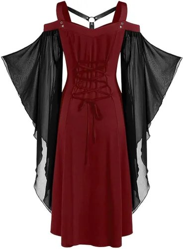 Vista 2 de Vestido renacentista gótico con tirantes en el pecho con cordones cruzados fuera del hombro, manga de mariposa, vestido steampunk