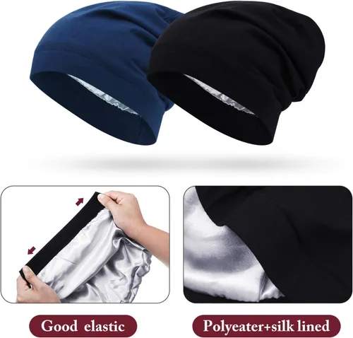 Vista 42 de 4 Pieces Satin Lined Beanie Cap Satin Sleep Lined Hat Slouchy Beanie Hat Night Silk Hair Cap for Women Men