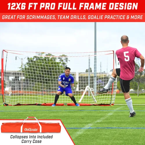 Vista 2 de GoSports Elite Soccer Goals – Redes de fútbol portátiles de 12 x 6 pies y 6 x 4 pies para juegos o práctica – Incluye 6 conos, funda de transporte