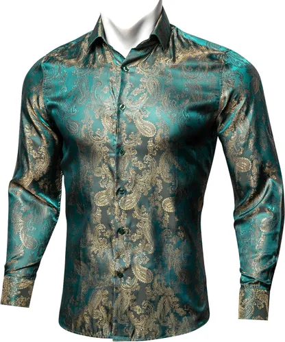Vista 4 de Barry.Wang Camisas casuales para hombre, camisa de vestir de manga larga con estampado de cachemira de seda para fiesta de negocios, tejido