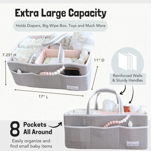 Vista 4 de Lily Miles Organizador de pañales para bebé - Bolso tote organizador para artículos esenciales de bebé niña - Cesta de regalo para baby shower