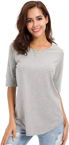 Vista 3 de LUSMAY Camisas tipo túnica de algodón con cuello redondo y ajuste holgado para mujer
