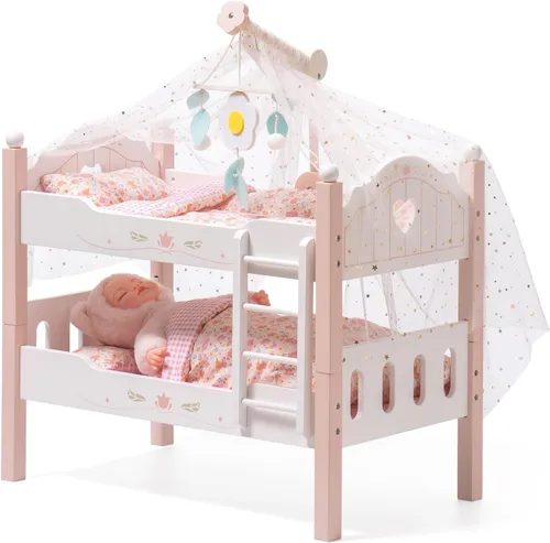 Vista 12 de ROBUD Cuna para Muñeca de Bebé, Camas de Madera para Muñecas de 20 Pulgadas, Literas Verdes para Muñeca de Bebé con Tul, Cama para Muñeca American