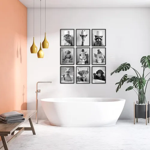 Vista 6 de Kizbok Arte Gracioso para Pared de Baño, Arte en Blanco y Negro, Impresiones de Arte de Baño en Lienzo de Animales Lindos, Carteles Graciosos