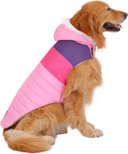 Vista 11 de HDE Chaqueta acolchada para perro, con forro polar, abrigo de invierno cálido para perro con agujero para arnés a rayas rosas, talla S Raya rosa