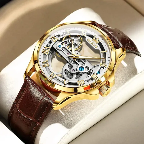 Vista 20 de OLEVS Relojes de esqueleto para hombre, automático, mecánico, de lujo, de cuero, impermeable, luminoso, reloj de pulsera para hombre