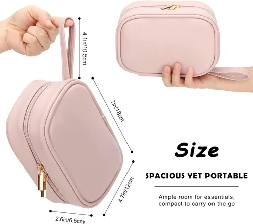 Vista 4 de E-Tree Bolsa de maquillaje de piel sintética para mujer, organizador de cosméticos de viaje con doble cremallera, bolsa de aseo pequeña impermeable