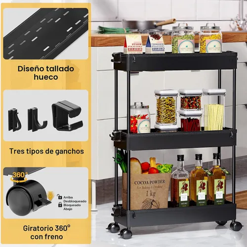 Vista 7 de SPACEKEEPER Carrito de almacenamiento delgado con ruedas, organizador de almacenamiento de baño de 3 niveles, carrito de servicio para cuarto