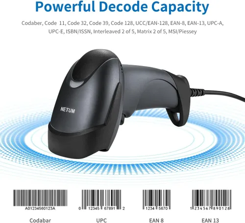 Vista 4 de NETUM Escáner de código de barras USB láser, escáner de código de barras 1D manual con cable para lectura de UPC EAN, pistola para venta al por