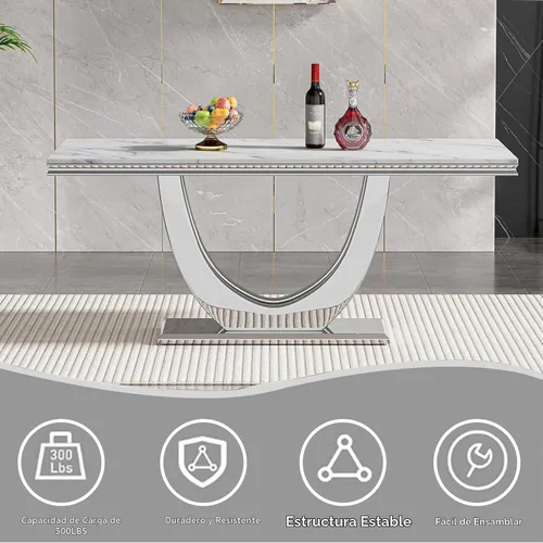 Vista 4 de Mesa de comedor blanca de 68 pulgadas para 4-6, mesa de cocina rectangular moderna con mesa de mármol sintético y base de acero inoxidable plateado