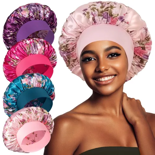 Vista 11 de vidsel 4 gorros de satén para mujer, gorro de seda para dormir, gorra de dormir de banda ancha para trenzas de cabello rizado
