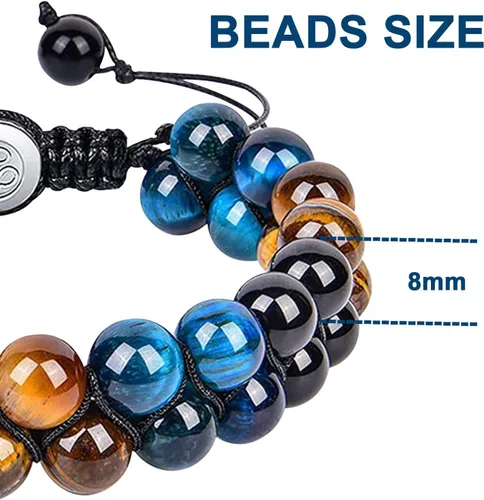 Vista 2 de Pulsera de triple protección de 0.315 in y 0.394 in para mujeres y hombres, pulsera de piedra natural, ojo de tigre natural, obsidiana y hematita