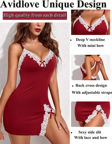 Vista 4 de Avidlove Lencería sexy de encaje para mujer, cuello en V, camisón de algodón para mujer