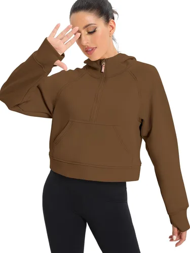 Vista 2 de POGTMM Sudadera corta con media cremallera para mujer, con forro polar, con cremallera de un cuarto, sudadera atlética de moda, trajes de invierno