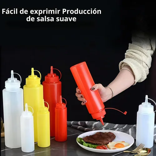 Vista 8 de 3 botellas de plástico rellenables para condimentos de salsa exprimible vacía de 12 onzas, contenedor de almacenamiento de aderezos de ensalada