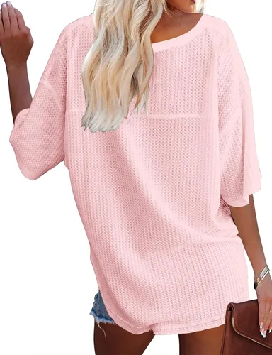 Vista 4 de MEROKEETY - Blusa de media manga con cuello en V, punto gofre y alas de murciélago para mujer, camiseta suelta de color sólido