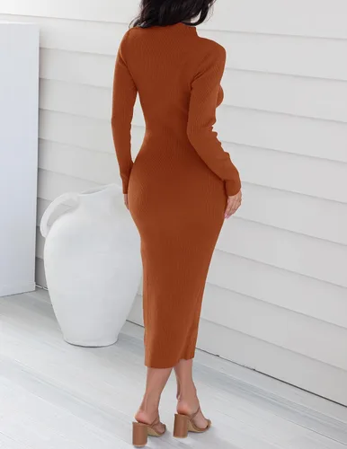 Vista 3 de ZESICA Vestido de punto acanalado 2024 para mujer, manga larga, cuello alto, ajustado, abertura lateral, elegante vestido tipo suéter para otoño