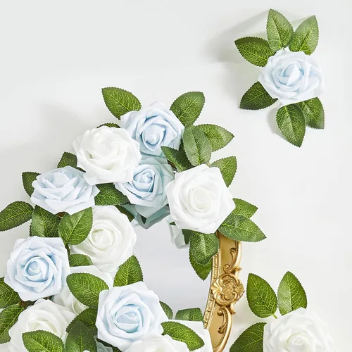 Vista 3 de Flores artificiales, 25 piezas, rosa artificial azul bebé para ramos de boda, centros de mesa, arreglos, flor falsa con tallos para decoración