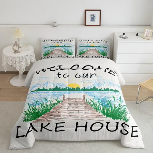 Vista 52 de Juego de edredón Lake House tamaño Twin, juego de ropa de cama náutica de navegación con ancla de 2 piezas para decoración de habitación de niños