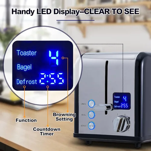 Vista 3 de CUSIMAX Tostadora de acero inoxidable de 2 rebanadas con pantalla LED grande, ranuras extra anchas de 1.5 pulgadas, 6 ajustes de tostado, función
