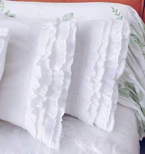 Vista 5 de Queen's House Fundas de Almohada Blancas de Encaje Bordado de Algodón Vintage con Volantes Tamaño Estándar Juego de 2